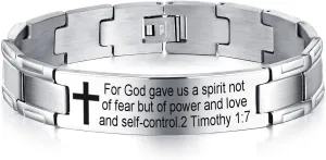 Non-Branded QINGDUO 2 Timothy 1:7 Religious Christian Motivational Jewerly Vintage Stainless Steel Cross Bible Lords Prayer Link Wrist Bracelet for Men Women,Gifts for Friendship Graduation Birthday