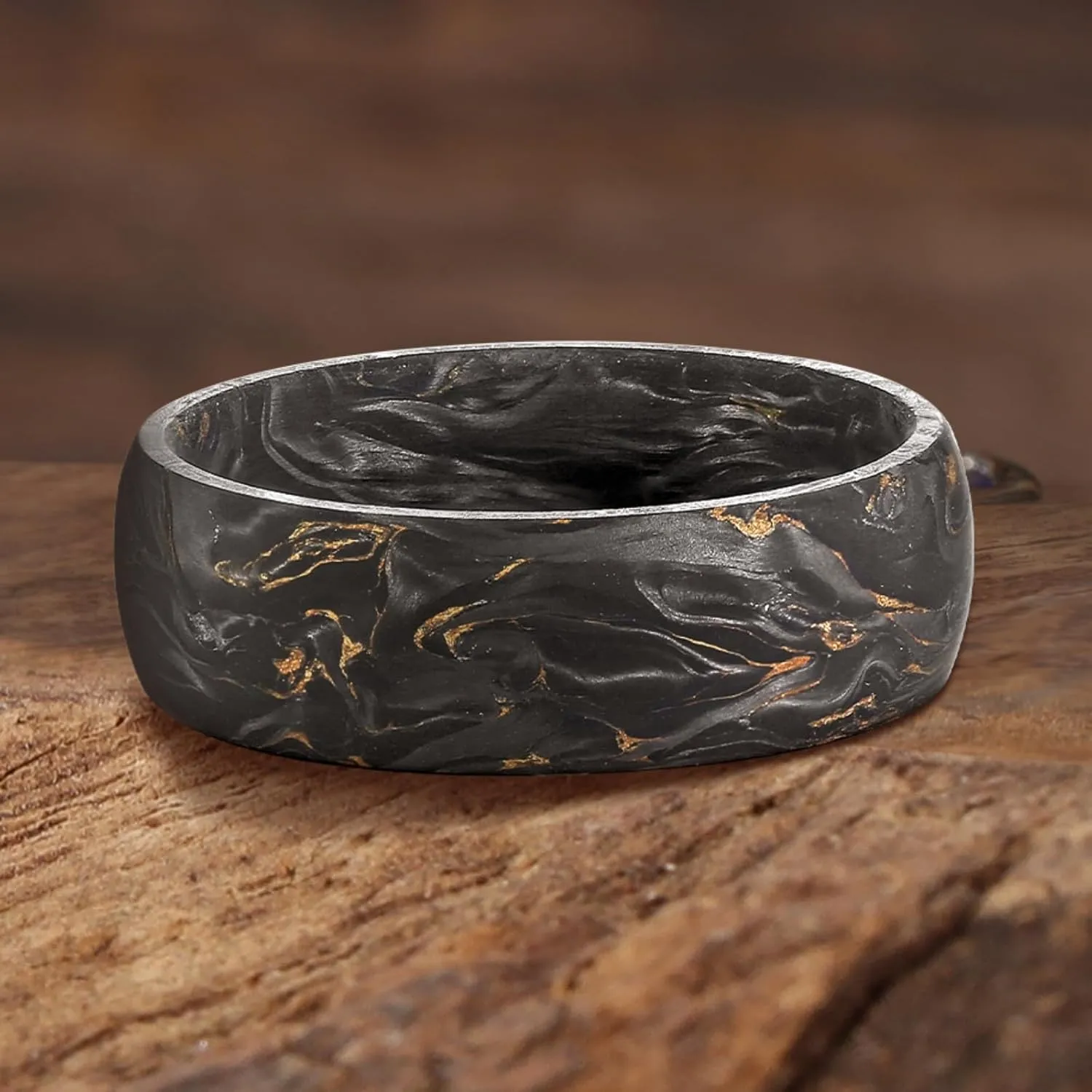 NUNCAD Men's Rings 8mm Black Pure Carbon Fiber Engagement Wedding Band Gold Leaf Inlay Domed Comfort Fit Size 7-12