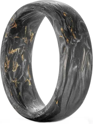 NUNCAD Men's Rings 8mm Black Pure Carbon Fiber Engagement Wedding Band Gold Leaf Inlay Domed Comfort Fit Size 7-12