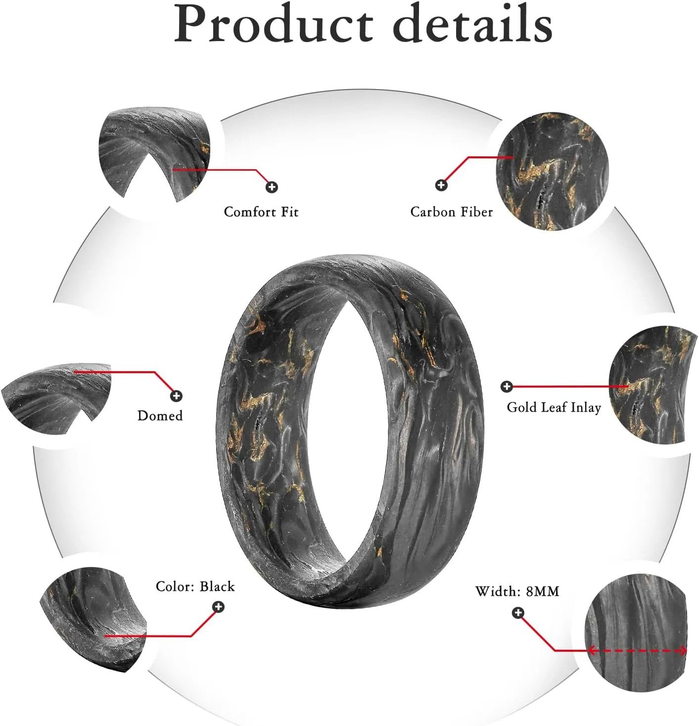 NUNCAD Men's Rings 8mm Black Pure Carbon Fiber Engagement Wedding Band Gold Leaf Inlay Domed Comfort Fit Size 7-12