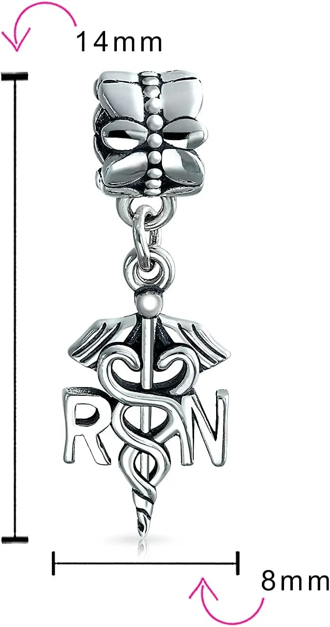 Nurse Nursing RN Nurst Hat Cap Registered Caduceus Cross Shape Dangle Charm Bead For Women Graduate Enamel .925 Sterling Silver Fits European Bracelet