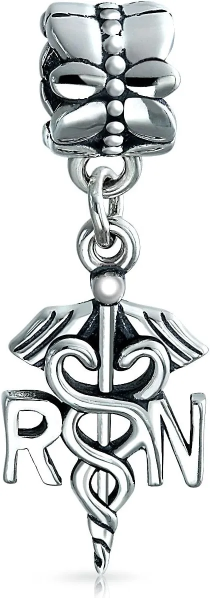 Nurse Nursing RN Nurst Hat Cap Registered Caduceus Cross Shape Dangle Charm Bead For Women Graduate Enamel .925 Sterling Silver Fits European Bracelet