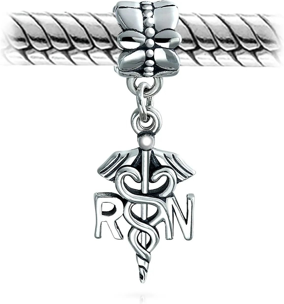 Nurse Nursing RN Nurst Hat Cap Registered Caduceus Cross Shape Dangle Charm Bead For Women Graduate Enamel .925 Sterling Silver Fits European Bracelet