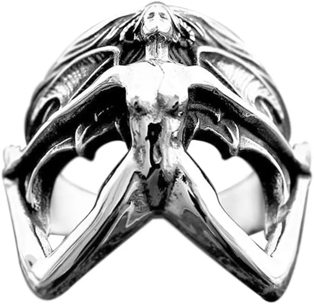 OIDIMS Devil Lilith Ring Mens Stainless Steel Punk Rock Biker Band Single Rings Personalized Knuckle Middle Finger Bands for Men Women Bff Brother Birthday Xmas Comfort Fit Jewelry Gothic Style Gift