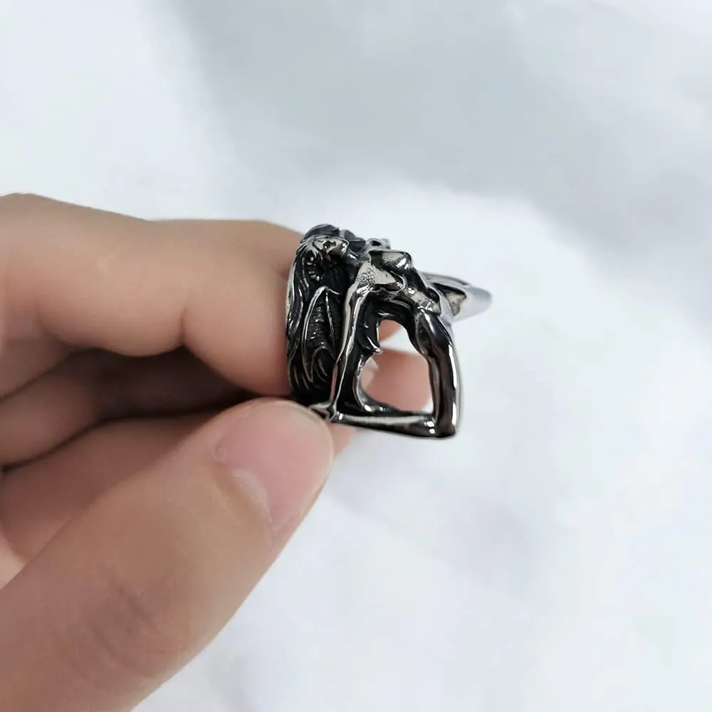 OIDIMS Devil Lilith Ring Mens Stainless Steel Punk Rock Biker Band Single Rings Personalized Knuckle Middle Finger Bands for Men Women Bff Brother Birthday Xmas Comfort Fit Jewelry Gothic Style Gift