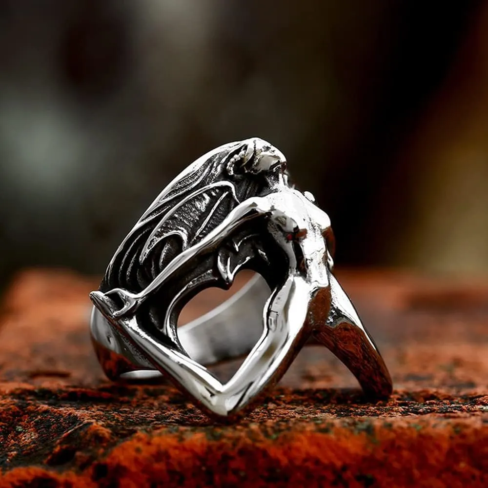 OIDIMS Devil Lilith Ring Mens Stainless Steel Punk Rock Biker Band Single Rings Personalized Knuckle Middle Finger Bands for Men Women Bff Brother Birthday Xmas Comfort Fit Jewelry Gothic Style Gift