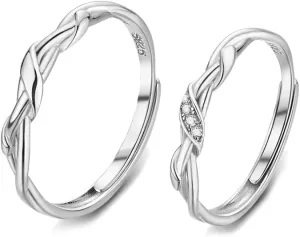 OIDIMS Matching Love Knot Ring S925 Sterling Silver For Him and Her Wedding Promise Rings Couples Band Adjustable for Women Men Crystal Jewelry Valentines Day Anniversary Love Gift 2PCS