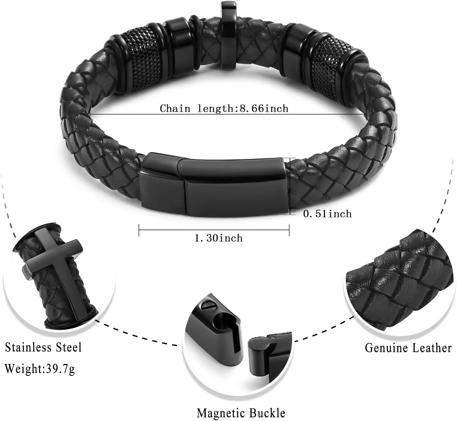 Oinsi Mens Double-Band Black Braided Leather Bangle Bracelets Cremation Jewelry for Ashes Wristband Memorial Urn Bangle with Cross Charm
