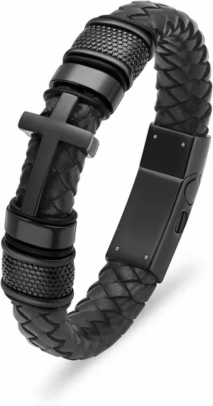 Oinsi Mens Double-Band Black Braided Leather Bangle Bracelets Cremation Jewelry for Ashes Wristband Memorial Urn Bangle with Cross Charm