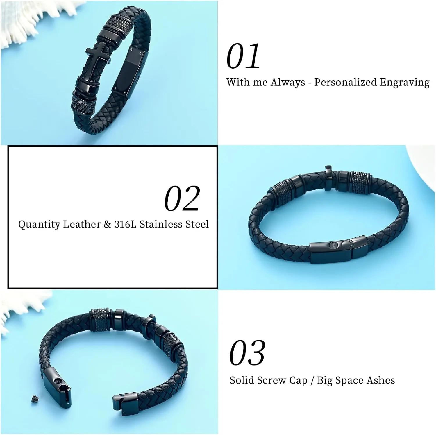 Oinsi Mens Double-Band Black Braided Leather Bangle Bracelets Cremation Jewelry for Ashes Wristband Memorial Urn Bangle with Cross Charm