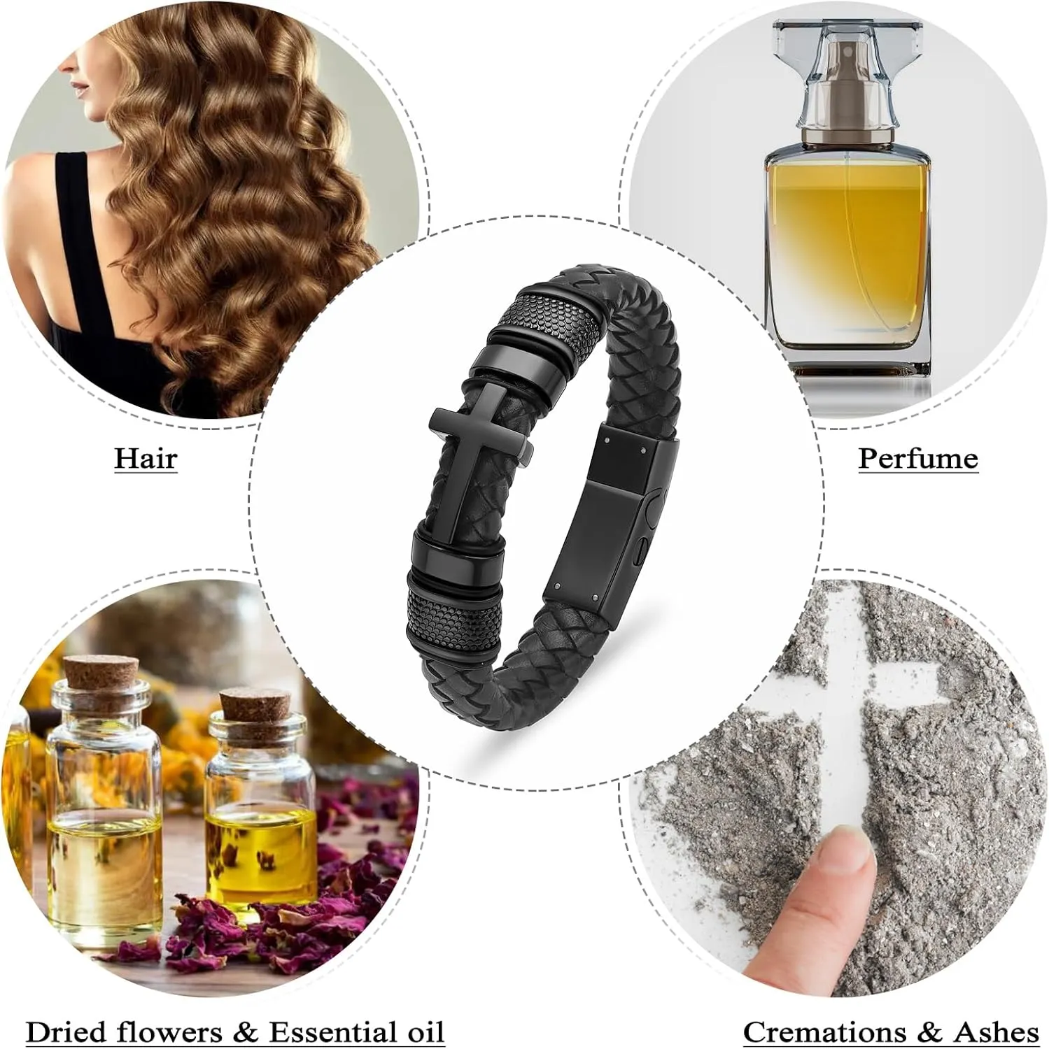 Oinsi Mens Double-Band Black Braided Leather Bangle Bracelets Cremation Jewelry for Ashes Wristband Memorial Urn Bangle with Cross Charm