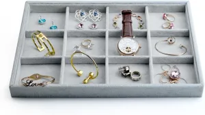 Oirlv Velvet Stackable Jewelry Display Trays 12 Grids Rings Earrings Bracelet Organizer Storage Tray(13.8"x1.29"x9.4")