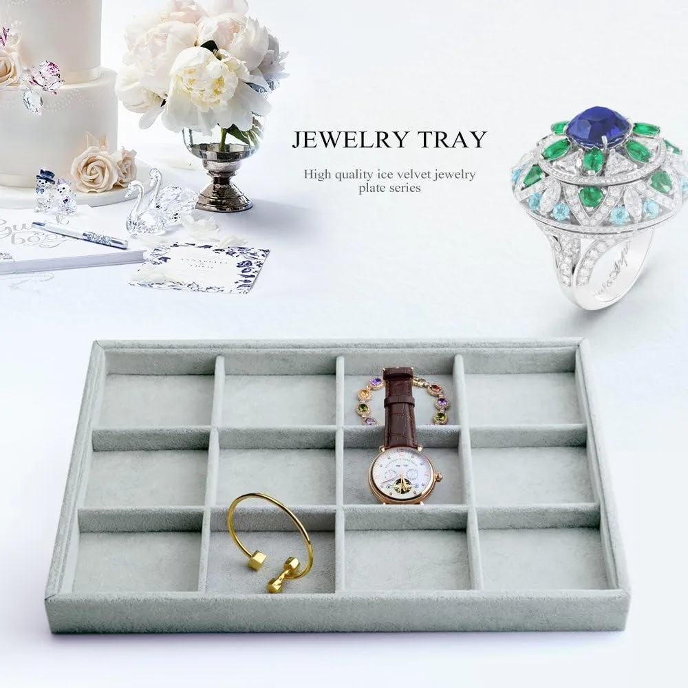 Oirlv Velvet Stackable Jewelry Display Trays 12 Grids Rings Earrings Bracelet Organizer Storage Tray(13.8"x1.29"x9.4")