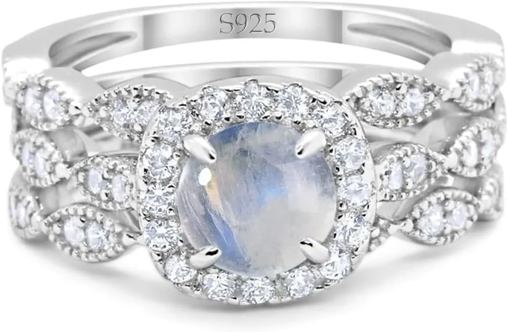 OMRANII Three Piece Round Natural Moonstone Halo CZ Half Eternity Band Vintage Style Wedding Set Bridal Engagement Rings For Women 925 Sterling Silver Gift For Her