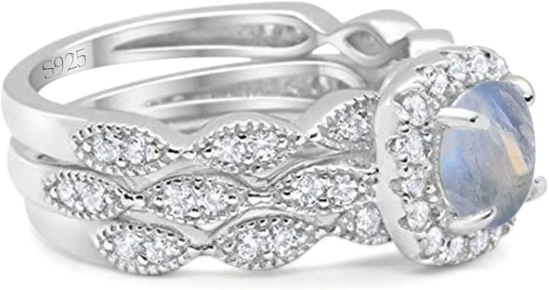 OMRANII Three Piece Round Natural Moonstone Halo CZ Half Eternity Band Vintage Style Wedding Set Bridal Engagement Rings For Women 925 Sterling Silver Gift For Her