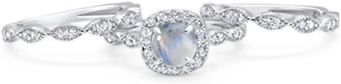 OMRANII Three Piece Round Natural Moonstone Halo CZ Half Eternity Band Vintage Style Wedding Set Bridal Engagement Rings For Women 925 Sterling Silver Gift For Her