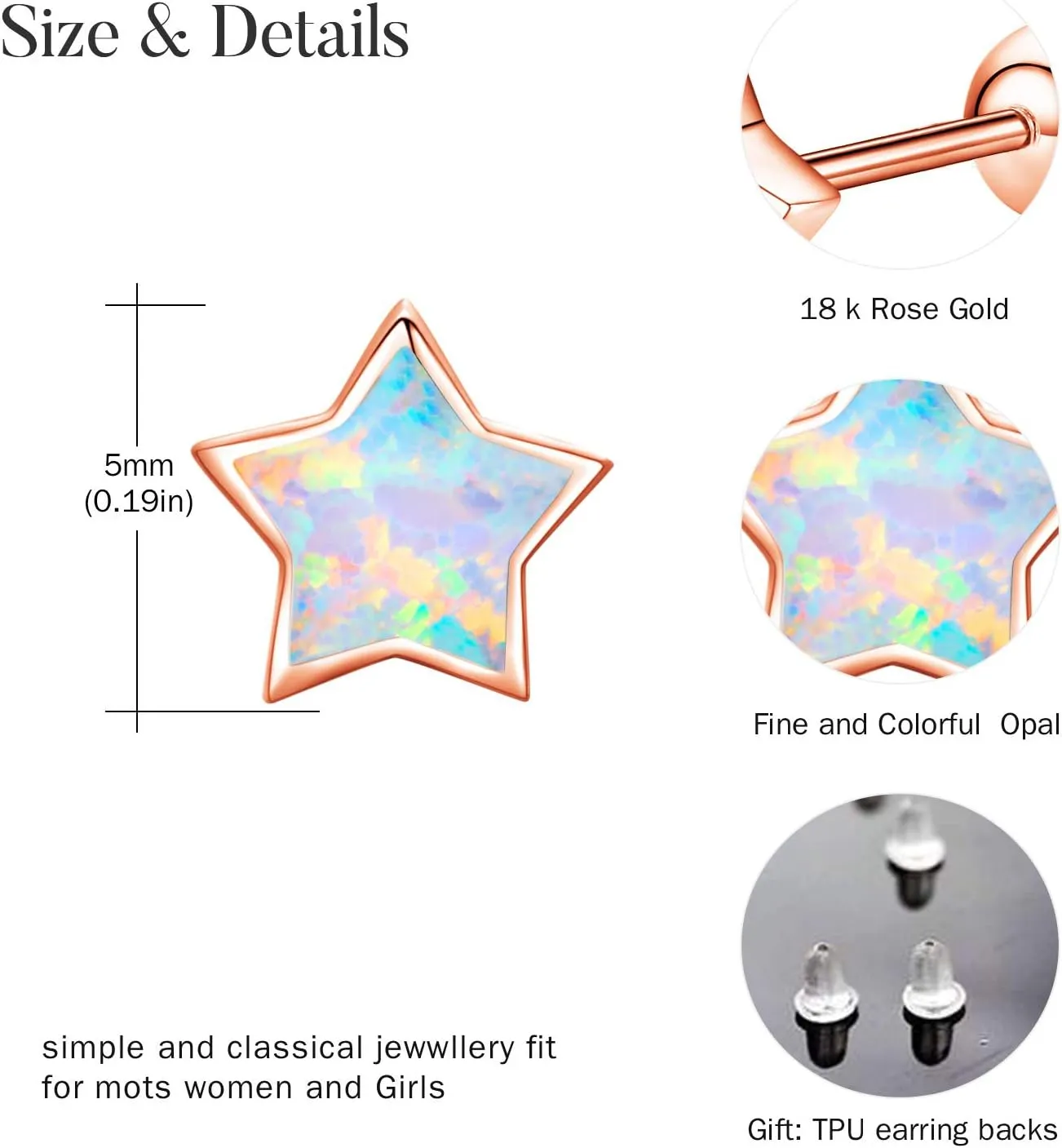 Opal Star Earrings Star Studs 925 Sterling Silver Synthetic Opal Earrings Hypoallergenic Earring Jewelry for Women Mom