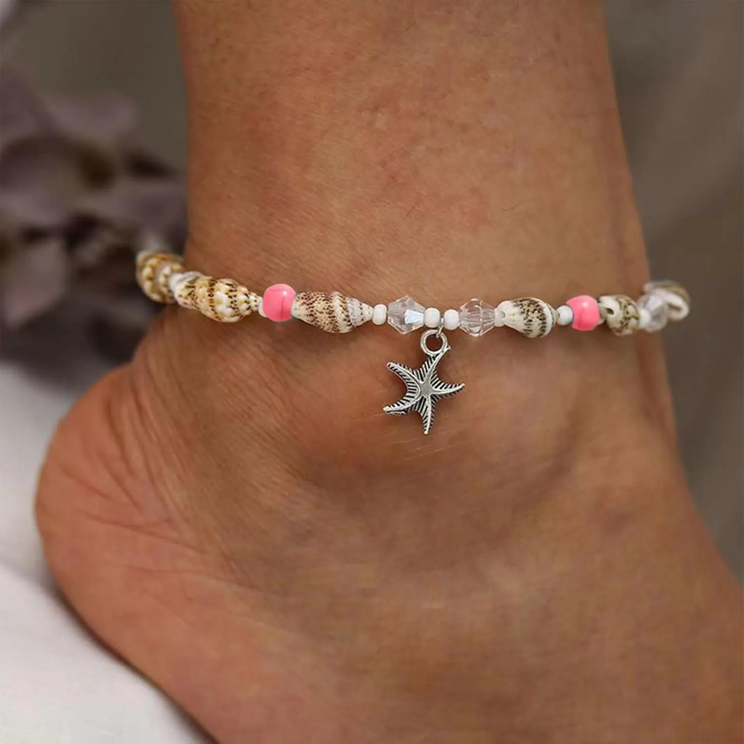 Otxas Starfish Shell Anklet for Women Adjustable Beach Anklet Waterproof Beaded Puka Shell Ankle Bracelet Beach Foot Charm Chain Boho Jewerly