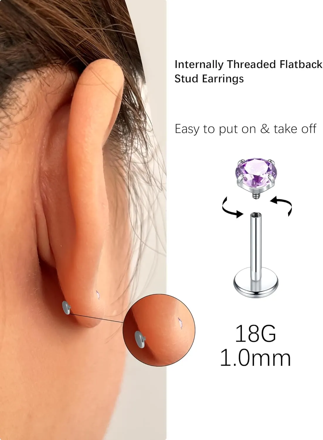 Oveta Titanium Flat Back Studs Earrings for Tragus Cartilage Piercing Jewelry Internally Threaded Nose Rings Studs 18G 16G, Silver/Gold, 2PCS