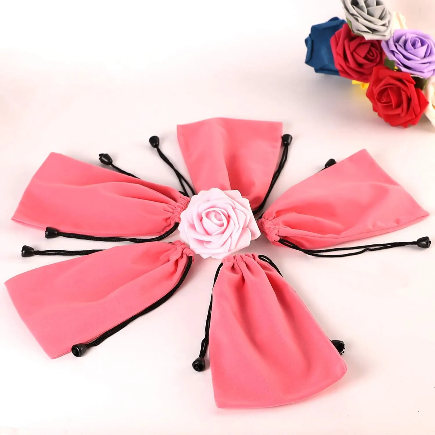 Pack of 25 Large 6.75" X4.75" Pouch Bags - Elegant Velvet Drawstring Bags Jewelry Pouches for Jewelry, Gifts, Event Supplies (Pink)