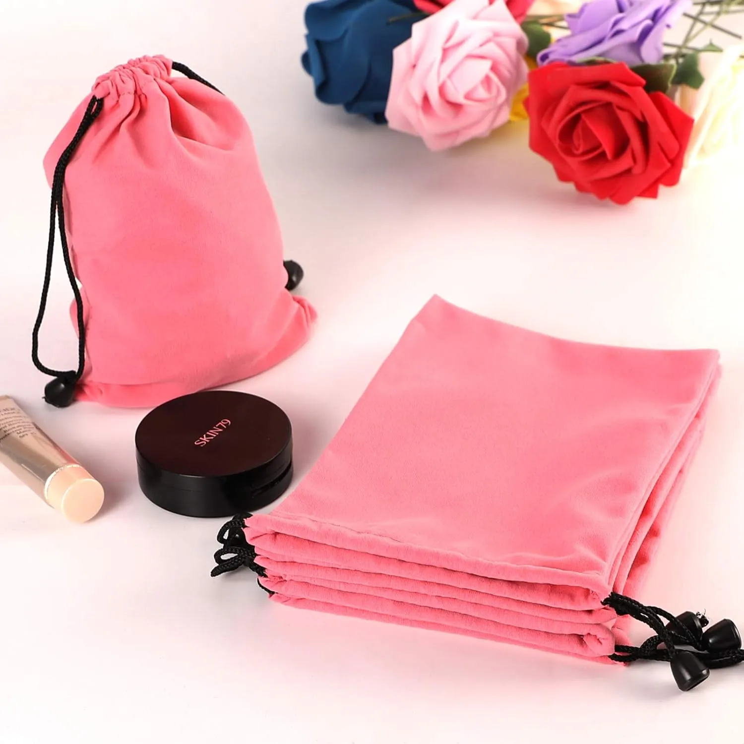 Pack of 25 Large 6.75" X4.75" Pouch Bags - Elegant Velvet Drawstring Bags Jewelry Pouches for Jewelry, Gifts, Event Supplies (Pink)