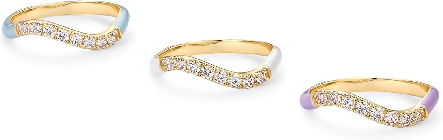 PAVOI 14K Gold Plated Stackable Rings for Women | Open Twist Wavy Colored Enamel and Cubic Zirconia Rings | Blue White Purple Enamel Eternity Bands