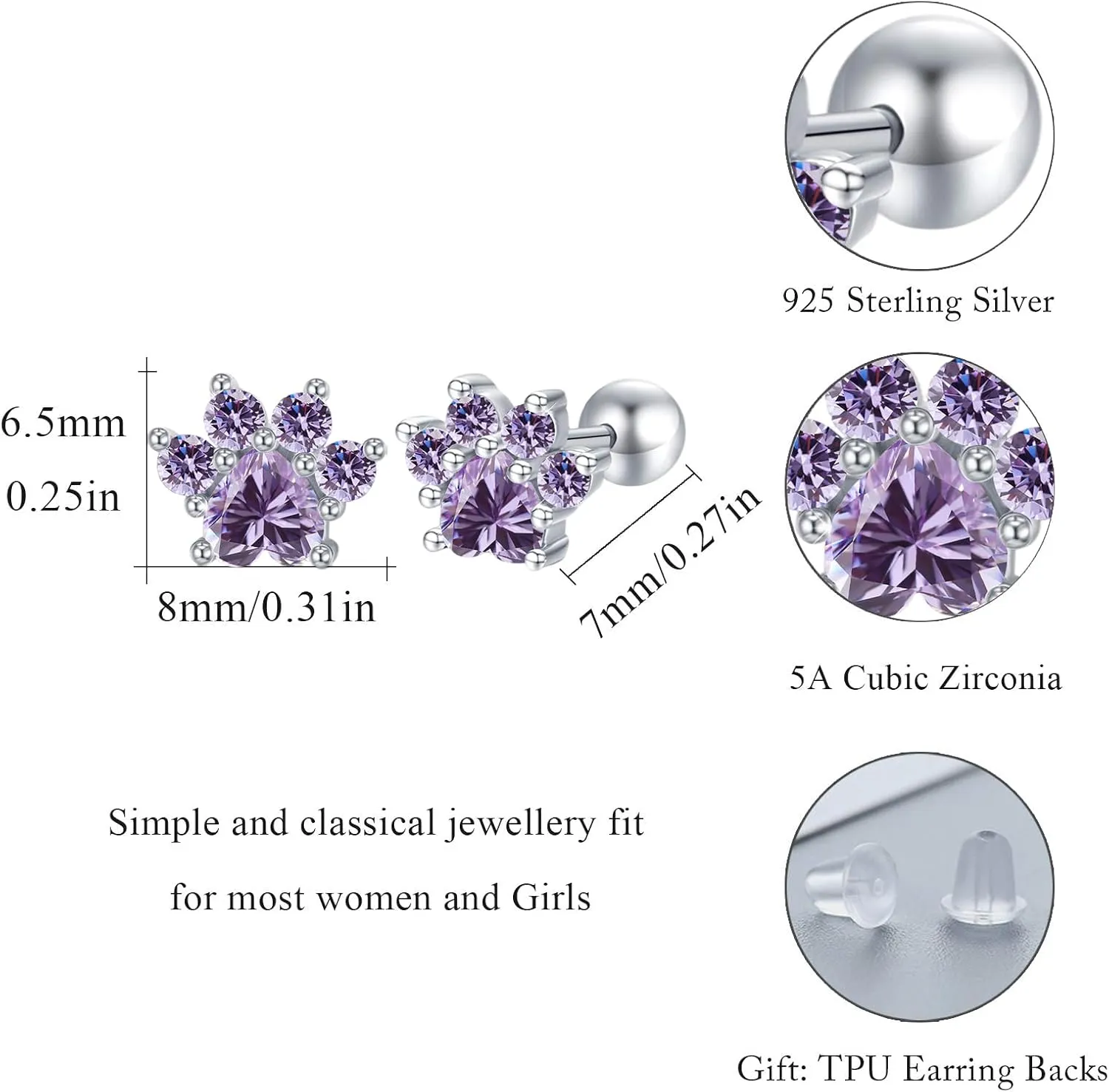 Paw Print Studs Earrings Hypoallergenic Jewelry Gift for Women Puppy Dog Cat Pet Earrings with Zirconia Paw Screw Back Earrings 925 Silver Earrings for Women Teen Birthday Party (Paw)
