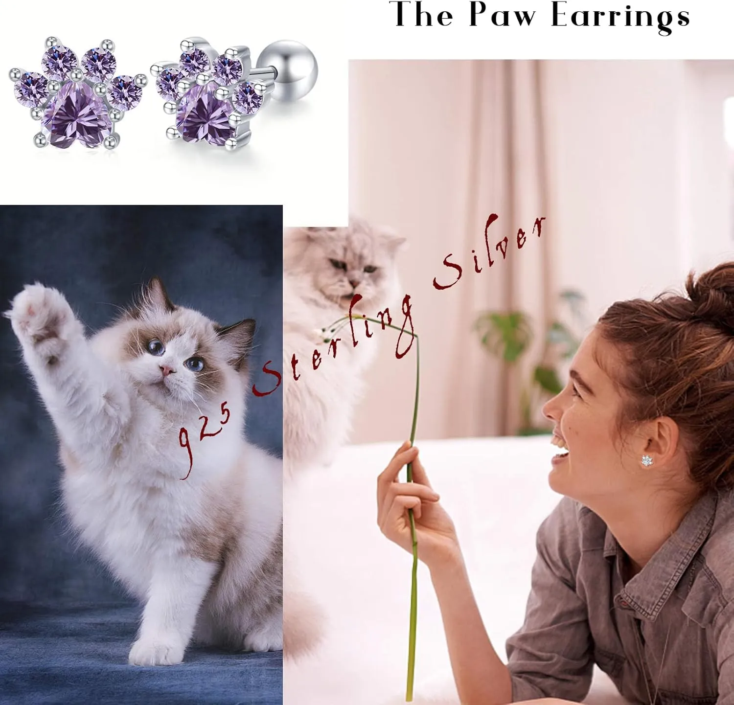 Paw Print Studs Earrings Hypoallergenic Jewelry Gift for Women Puppy Dog Cat Pet Earrings with Zirconia Paw Screw Back Earrings 925 Silver Earrings for Women Teen Birthday Party (Paw)