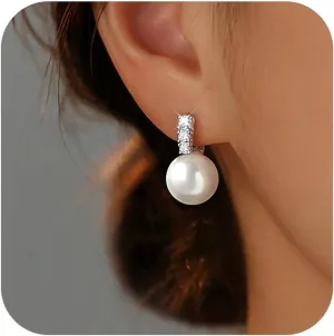 Pearl Earrings for Women Dainty 925 Sterling Silver Dangle Drop Earrings with 5A Cubic Zirconia Pearl Drop Earring Big Bridal Hoop Wedding Birthday 2025 Graduation Season Gift Jewelry for Her