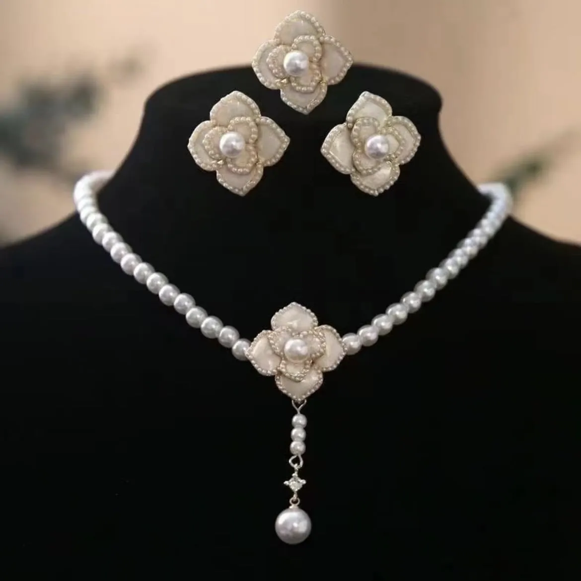 Pearl Necklace Earrings Rings Pendant Jewelry Set for Women Simulated Vintage 925 Sterling Wedding Jewelry