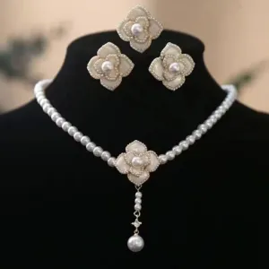 Pearl Necklace Earrings Rings Pendant Jewelry Set for Women Simulated Vintage 925 Sterling Wedding Jewelry