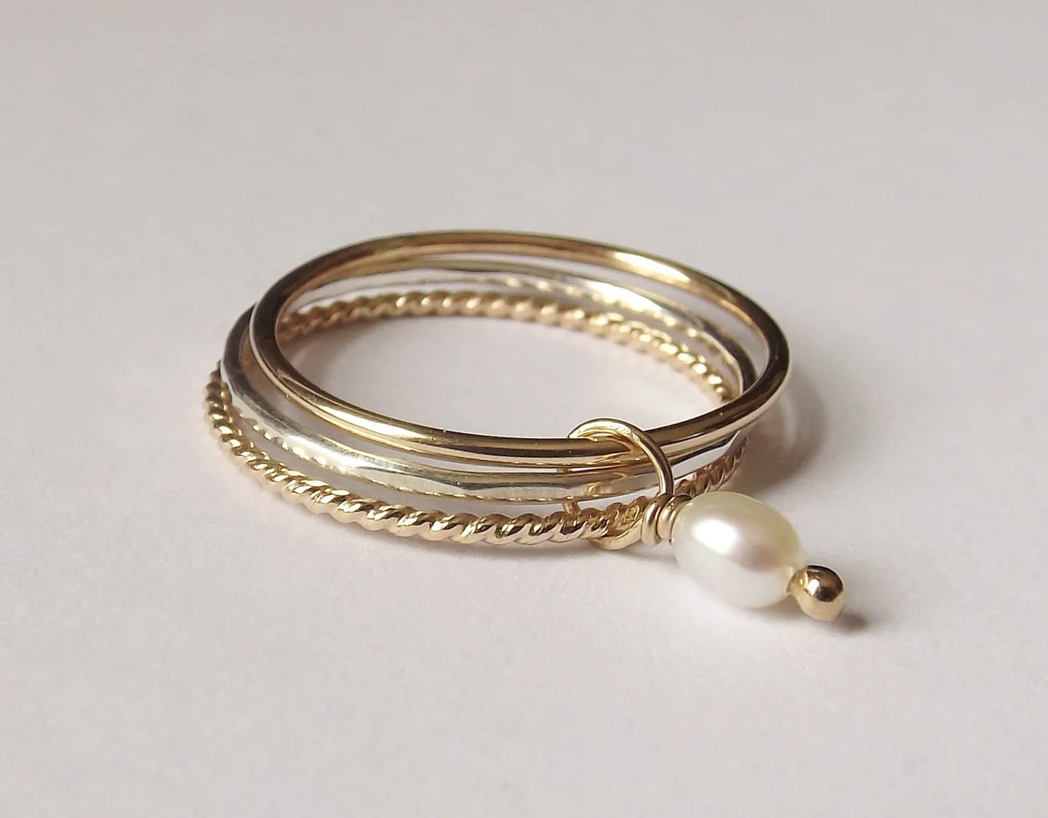 Pearl Ring Set, Mixed Metals Ring Set, Textured Rings, Boho Ring Set, Stacking Rings, Boho Chic, Interlocking Rings, Freshwater Pearl