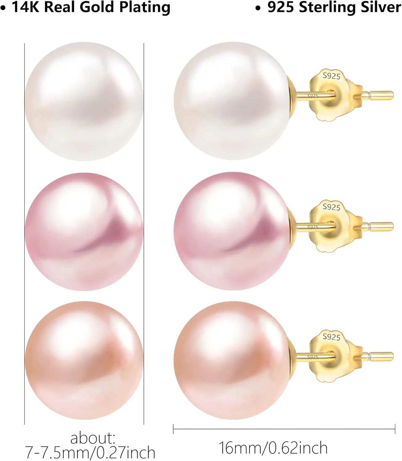 Pearl Stud Earrings for Women Studs Set AAA Pearl Studs Hypoallergenic Sterling Silver Pearl Earrings Multi Pack