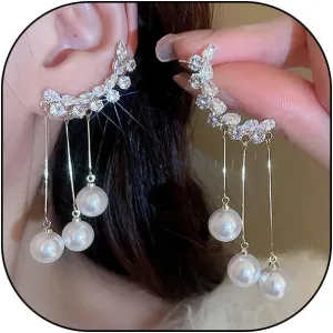 Pearl Tassel Crawler Earring for Women Shiny Crystal Zircon Climber Crawler Earring Rhinestone Cluster Ear Cuff Wrap Earring Dainty Statement Jewelry Gift