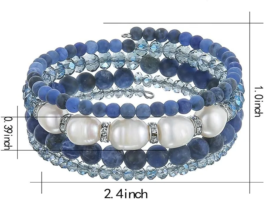 PEARL&CLUB Bead Crystal Wrap Bangle Bracelet - Fashion Jewelry Beaded Bracelet with Silver Metal, Gifts for Women