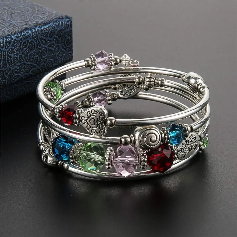 PEARL&CLUB Bead Crystal Wrap Bangle Bracelet - Fashion Jewelry Beaded Bracelet with Silver Metal, Gifts for Women