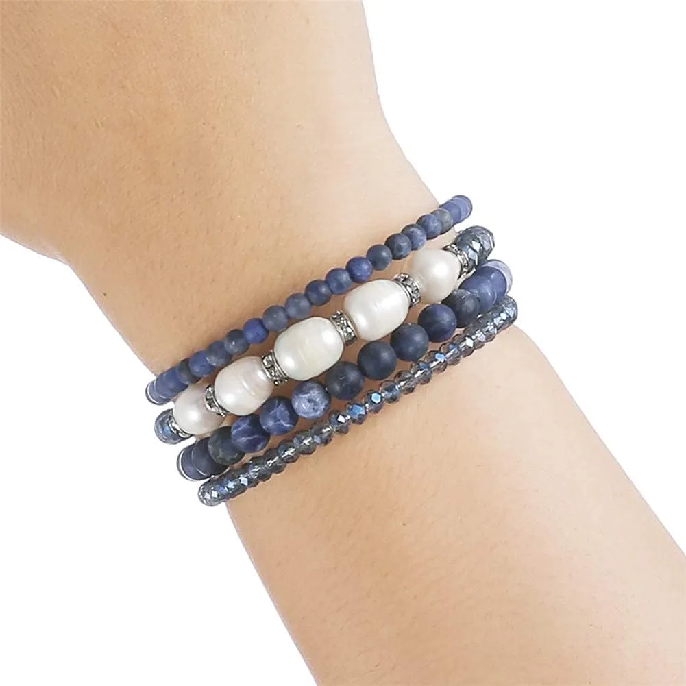 PEARL&CLUB Bead Crystal Wrap Bangle Bracelet - Fashion Jewelry Beaded Bracelet with Silver Metal, Gifts for Women
