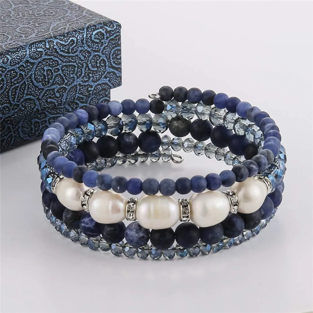 PEARL&CLUB Bead Crystal Wrap Bangle Bracelet - Fashion Jewelry Beaded Bracelet with Silver Metal, Gifts for Women