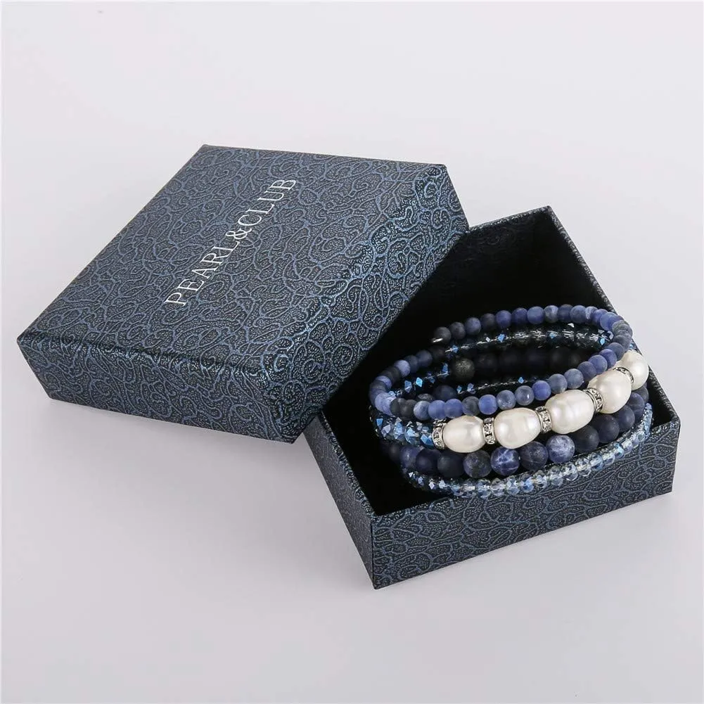 PEARL&CLUB Bead Crystal Wrap Bangle Bracelet - Fashion Jewelry Beaded Bracelet with Silver Metal, Gifts for Women