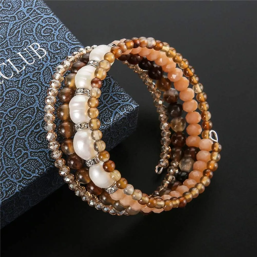 PEARL&CLUB Bead Crystal Wrap Bangle Bracelet - Fashion Jewelry Beaded Bracelet with Silver Metal, Gifts for Women
