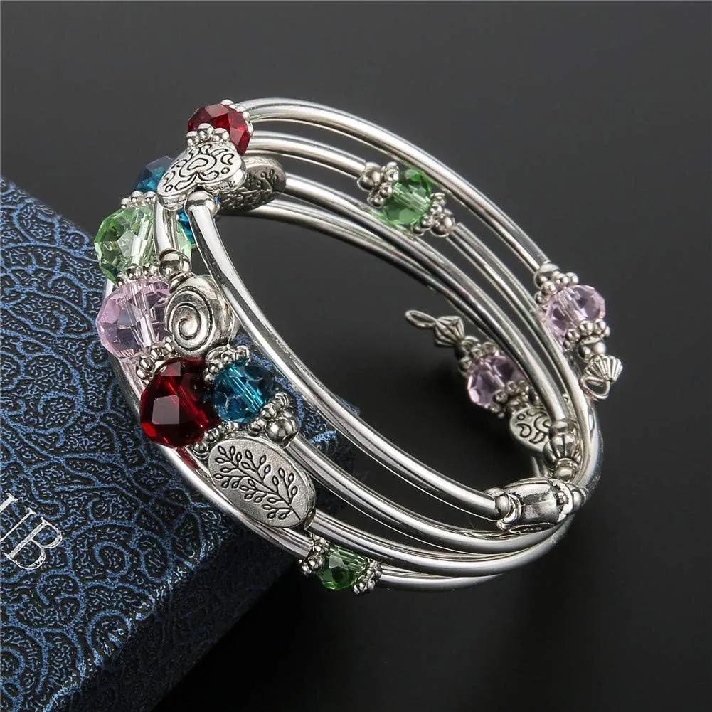 PEARL&CLUB Bead Crystal Wrap Bangle Bracelet - Fashion Jewelry Beaded Bracelet with Silver Metal, Gifts for Women