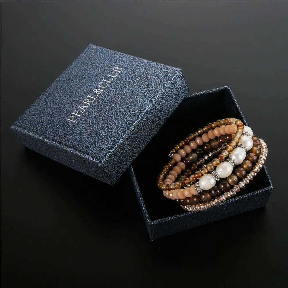 PEARL&CLUB Bead Crystal Wrap Bangle Bracelet - Fashion Jewelry Beaded Bracelet with Silver Metal, Gifts for Women