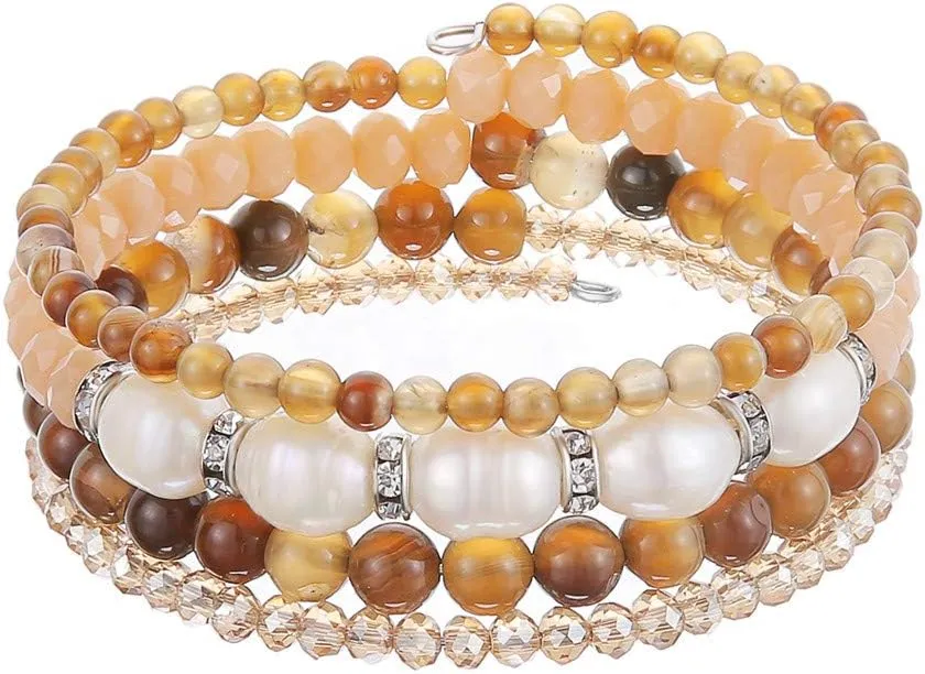 PEARL&CLUB Bead Crystal Wrap Bangle Bracelet - Fashion Jewelry Beaded Bracelet with Silver Metal, Gifts for Women