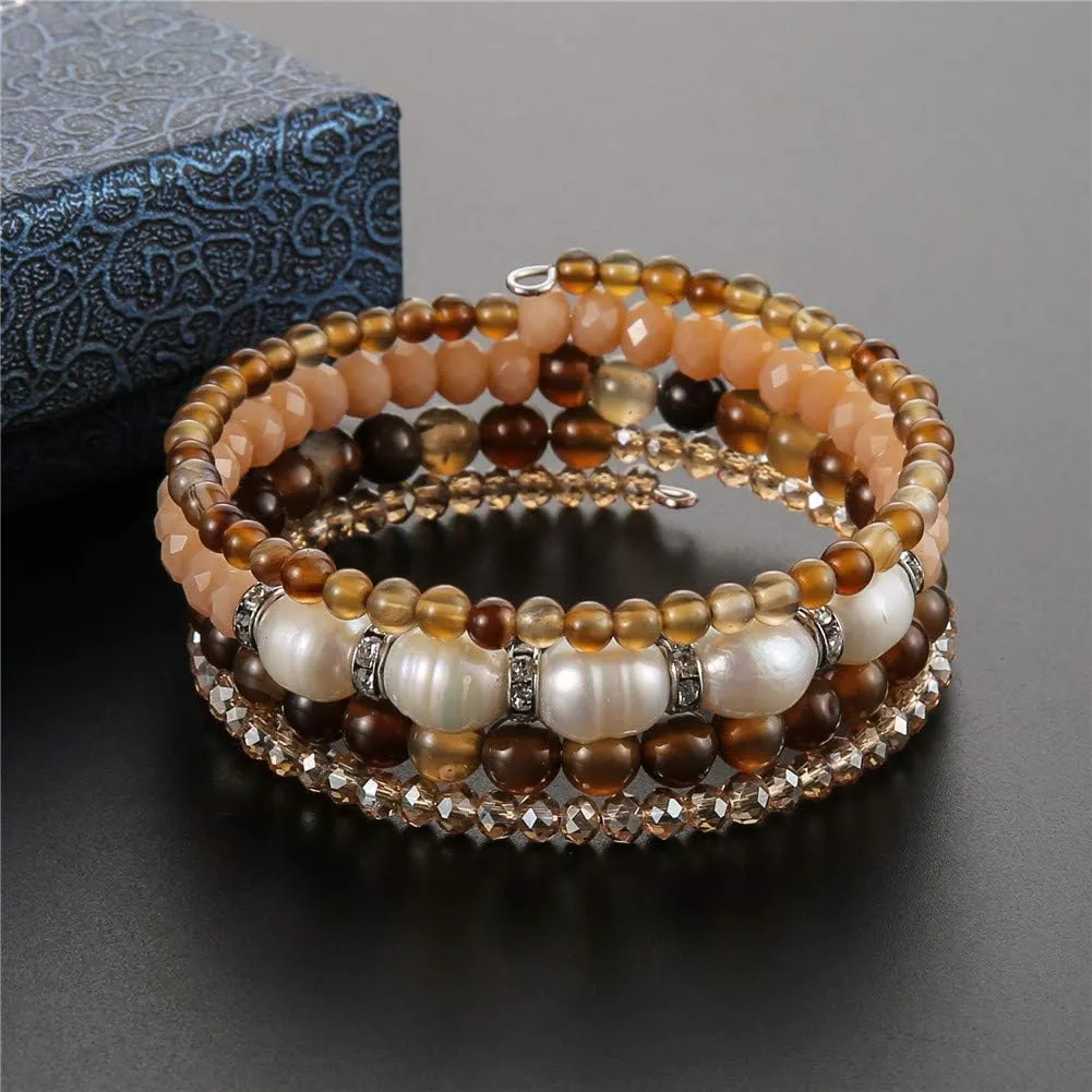 PEARL&CLUB Bead Crystal Wrap Bangle Bracelet - Fashion Jewelry Beaded Bracelet with Silver Metal, Gifts for Women