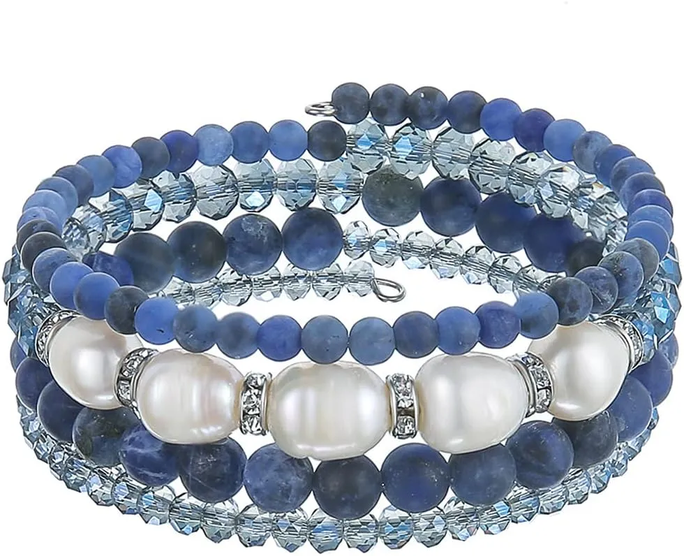 PEARL&CLUB Bead Crystal Wrap Bangle Bracelet - Fashion Jewelry Beaded Bracelet with Silver Metal, Gifts for Women