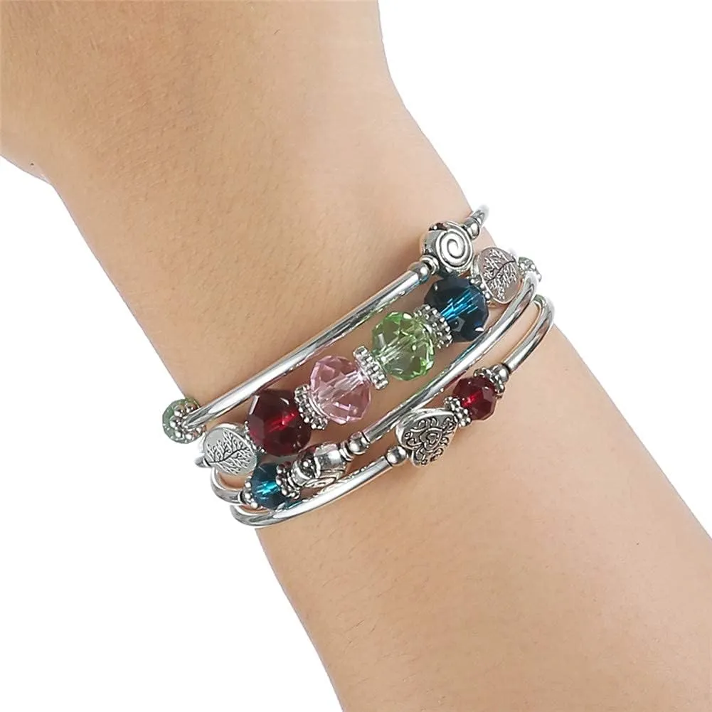 PEARL&CLUB Bead Crystal Wrap Bangle Bracelet - Fashion Jewelry Beaded Bracelet with Silver Metal, Gifts for Women