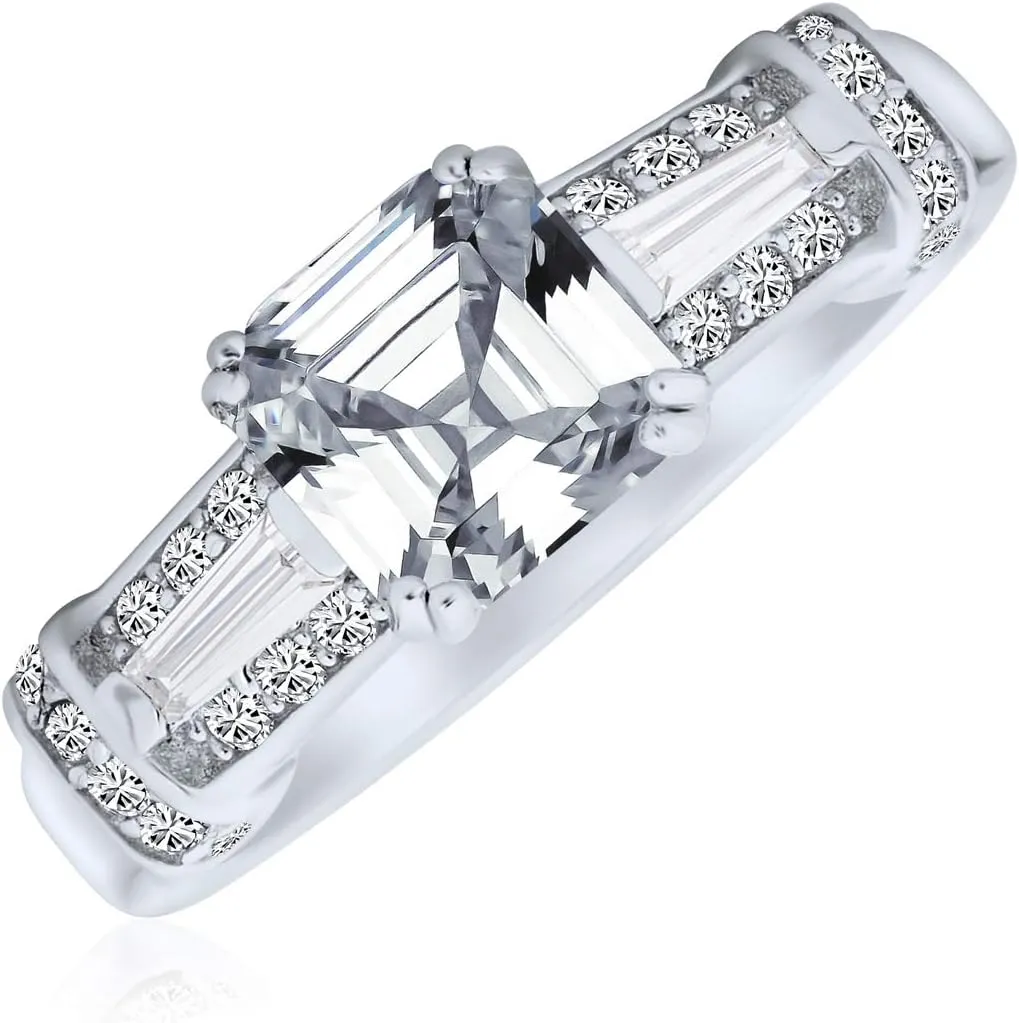 Personalize Three Stone Past Present Future Art Deco Style 2CT Canary Yellow AAA CZ Square Princess or Emerald Asscher Cut Engagement Ring For Women Baguettes Side Stone Band .925 Sterling Silver