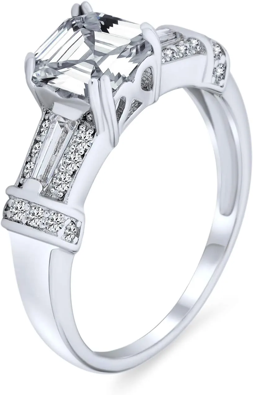 Personalize Three Stone Past Present Future Art Deco Style 2CT Canary Yellow AAA CZ Square Princess or Emerald Asscher Cut Engagement Ring For Women Baguettes Side Stone Band .925 Sterling Silver
