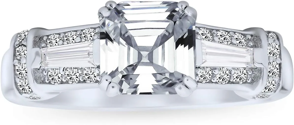 Personalize Three Stone Past Present Future Art Deco Style 2CT Canary Yellow AAA CZ Square Princess or Emerald Asscher Cut Engagement Ring For Women Baguettes Side Stone Band .925 Sterling Silver