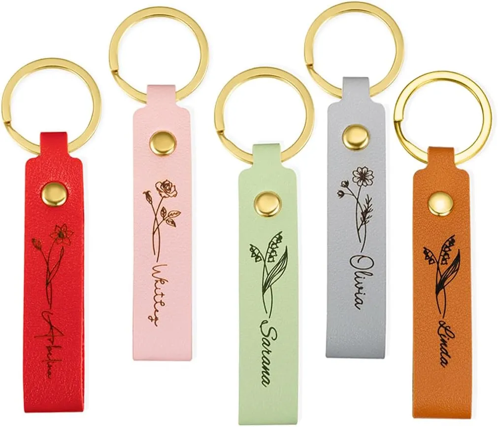 Personalized Birth Flower Key Chains for Women, Custom Name Keychain, Gift for Her Bridesmaid Mom